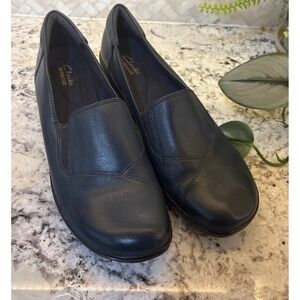 Clarks Women's Leather Slip On‎ Clog Dark Blue/ Green Comfort Heel shoes Sz 10M
